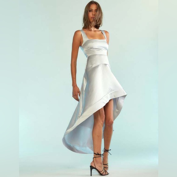 Cynthia Rowley Satin Silver Hi-Lo Dress Fitted Bodice Minimalist Ethereal NEW 2